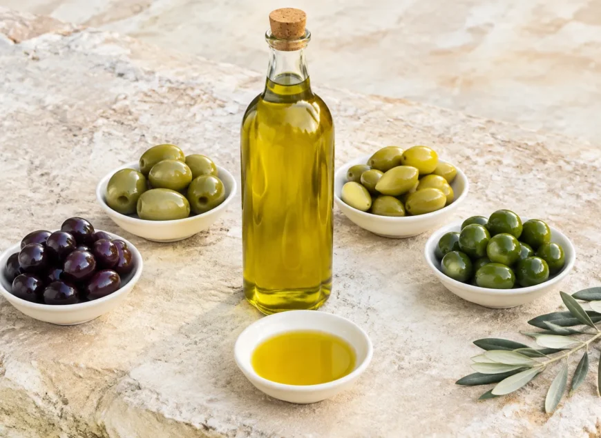 בקבוק שמן זית וארבע קערות זיתים מזנים שונים על משטח אבן